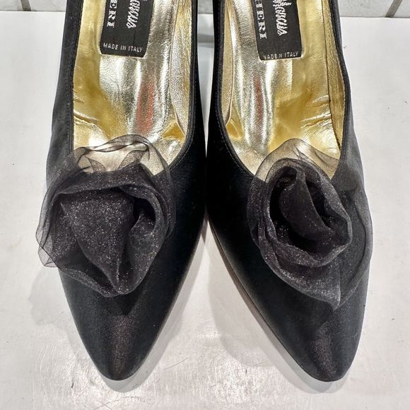 Neiman‎ Marcus Heels Black Satin Rose 7.5AA Made In Italy - Picture 3 of 15